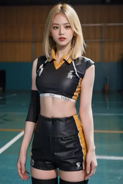1girl, volleyball uniform, thighs, short figure, eyeliner, looking at viewer, broad shoulder, eyelashes, perfect face, perfect skin, ((ultra-detailed eyes)), dim lighting, bokeh, ((indoor stadium)), audience,sleeveless, crop top, ((abs)), (masterpiece, high quality:1.2), bare face, ((black jersey)), sport attire, blonde hair, ((low saturated)), (low contrast),<lora:haikyuu:1> <lora:hinatalorashy:0.85>