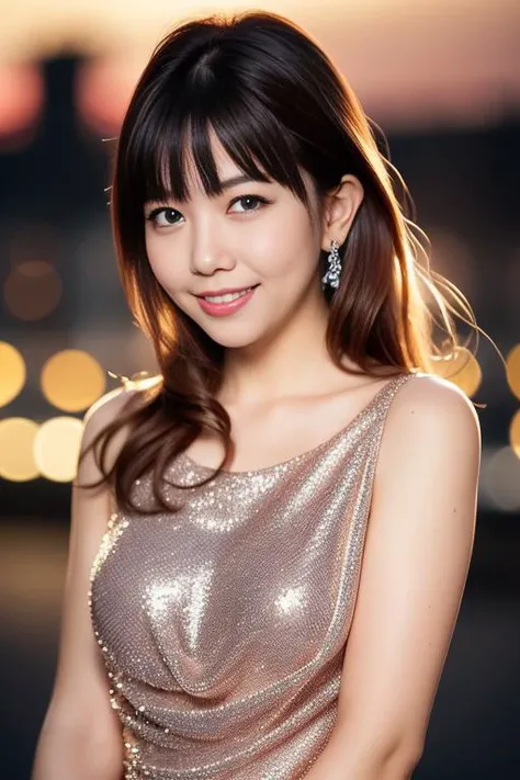 1girl,(wearing a sleeveless glittery evening dress:1.2),(RAW photo, best quality), (realistic, photo-realistic:1.4), masterpiece, an extremely delicate and beautiful, extremely detailed, 2k wallpaper, Amazing, finely detail, extremely detailed CG unity 8k wallpaper, ultra-detailed, highres, soft light, beautiful detailed girl, extremely detailed eyes and face, beautiful detailed nose, beautiful detailed eyes,cinematic lighting,city lights at night,perfect anatomy,slender body,smiling <lora:makinoyui_lora:0.8>