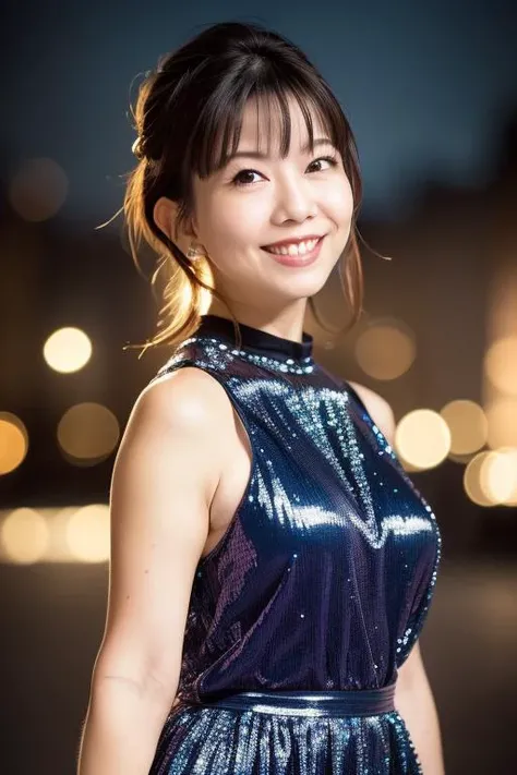 1girl,(wearing a sleeveless glittery evening dress:1.2),(RAW photo, best quality), (realistic, photo-realistic:1.4), masterpiece, an extremely delicate and beautiful, extremely detailed, 2k wallpaper, Amazing, finely detail, extremely detailed CG unity 8k wallpaper, ultra-detailed, highres, soft light, beautiful detailed girl, extremely detailed eyes and face, beautiful detailed nose, beautiful detailed eyes,cinematic lighting,city lights at night,perfect anatomy,slender body,smiling <lora:makinoyui_lora:0.8>