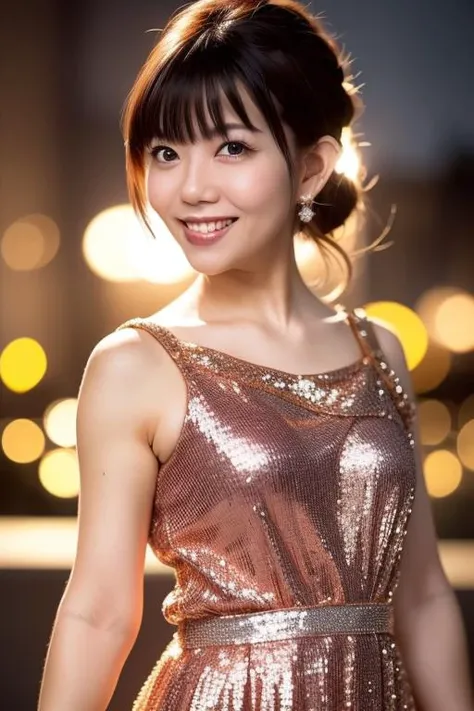 1girl,(wearing a sleeveless glittery evening dress:1.2),(RAW photo, best quality), (realistic, photo-realistic:1.4), masterpiece, an extremely delicate and beautiful, extremely detailed, 2k wallpaper, Amazing, finely detail, extremely detailed CG unity 8k wallpaper, ultra-detailed, highres, soft light, beautiful detailed girl, extremely detailed eyes and face, beautiful detailed nose, beautiful detailed eyes,cinematic lighting,city lights at night,perfect anatomy,slender body,smiling <lora:makinoyui_lora:0.8>