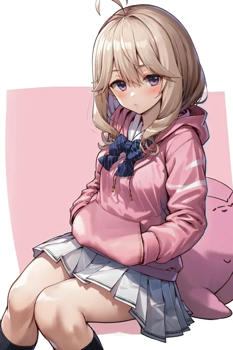 masterpiece, best quality, highres, 1girl tsubaki sakurako ahoge, white skirt pink hoodie bow shirt black socks <lora:tsubaki_sakurako:1> sitting