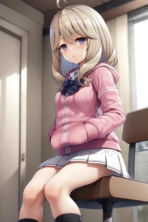 masterpiece, best quality, highres, 1girl tsubaki sakurako ahoge, white skirt pink hoodie bow shirt black socks <lora:tsubaki_sakurako:1> sitting on chair