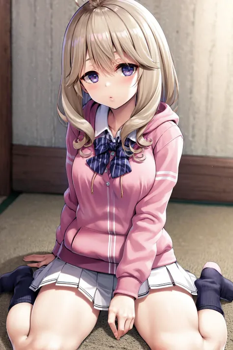 masterpiece, best quality, highres, 1girl tsubaki sakurako ahoge, white skirt pink hoodie bow shirt black socks <lora:tsubaki_sakurako:1> sitting, wariza, arm support
