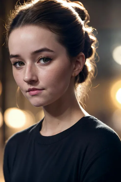 <lora:ktdev-03:1> a photo of   ktdev,a woman,smile,brown hair,hair bun,bokeh,motion blur,soft lighting ,serious,uhd,8k,masterpiece,black sweater,dark blue pants,neon lights,golden hour
