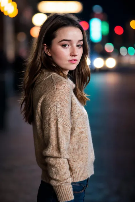 <lora:ktdev-03:1> a photo of   ktdev,brown hair,long hair,cinematic,Canon powershot , bokeh,filmic grain,motion blur,soft lighting ,neon lights,uhd,8k,ultrasharp,masterpiece,city street,nighttime,wearing a sweater,low brightness,dimly lit,upper body