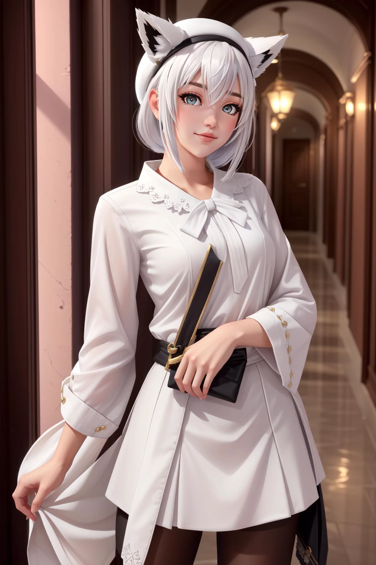 (masterpiece, best quality), intricate details,
1girl, <lora:shirakami_fubuki_9_outfits:0.8> white hair, single side braid, ahoge, fox tail, fubukicasual, (white shirt, white bow), beret, black skirt, (black pantyhose),
<lora:furthermore:0.4> <lora:owstyle5:0.8> indoors, hallway, night, dark,