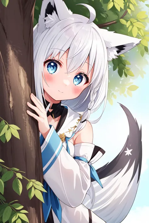 (masterpiece, best quality),  intricate details,
1girl,      <lora:shirakami_fubuki_9_outfits:0.8> white hair, single side braid, ahoge, fox tail,  fubukidefault, white blouse, [midriff::12], detached sleeves,  blue neckerchief, 
  <lora:furthermore:0.4>  <lora:poseLORAPeekingOut_v10:1.1> peeking out upper body, from behind tree,