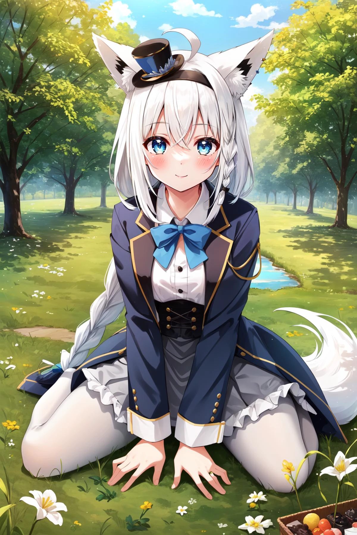 (masterpiece, best quality), intricate details,
1girl, <lora:shirakami_fubuki_9_outfits:0.8> white hair, single side braid, ahoge, fox tail,
fubukielegant, (braided ponytail), blue coat, blue bowtie, buttoned corset, collared shirt, long skirt, grey skirt, frills, (white pantyhose:1.4), mini hat, top hat, hairband,
<lora:furthermore:0.4> picnic, outdoors, grass, trees, sunny, happy,