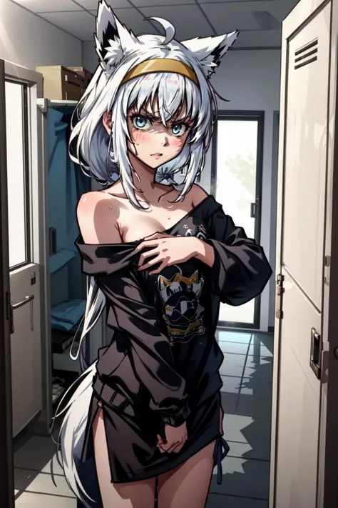 (masterpiece, best quality), intricate details,
1girl, <lora:shirakami_fubuki_9_outfits:0.8> white hair, single side braid, ahoge, fox tail,
fubukirelax, sidelocks, black t-shirt, off-shoulder, black hairband, ahoge, fox tail
sweating, boob sweat,
<lora:furthermore:0.4> glaring, angry, locker room, changing room, <lora:locker_room_v0.1:0.8> locker room <lora:glaringV_Conv2D:0.8> glaring <lora:shadedFaceEyesIn_shadedFace:0.8> shaded face