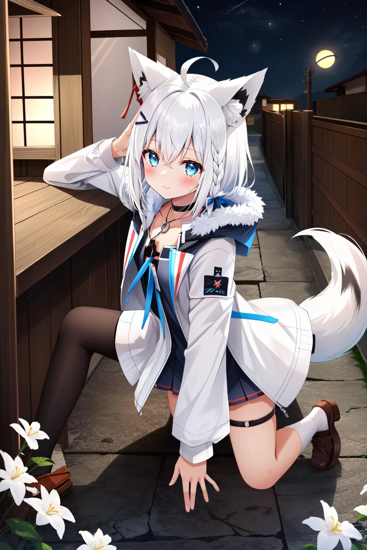 (masterpiece, best quality), intricate details,
1girl, <lora:shirakami_fubuki_9_outfits:0.8> white hair, single side braid, ahoge, fox tail, fubukitechwear, white jacket, fur-trimmed jacket, hairclip, dog tags, choker, white microdress, black microdress, thigh strap, blue ribbon,
<lora:furthermore:0.4> night,, outside japanese style house, hero landing,
