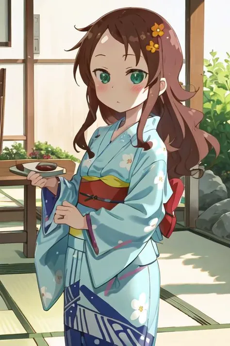 best quality, masterpiece, highres, solo, {yukata:1.40}, {kimono:1.20}, {riko_saikawa_kobayashisanchinomaidragon:1.15}, brown_hair, blush, long_hair, green_eyes, hair_ornament, flower, hair_flower