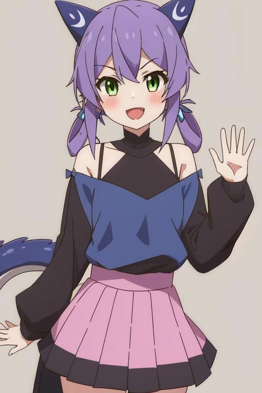 Flatorte,simple background, cowboy shot, 1girl, solo
masterpiece, best quality,
purple hair, pleated skirt, looking at viewer, hair rings, long sleeves, pink skirt, blush, bare shoulders, bangs, dragon tail, (blue top), cowboy shot, black sleeves,:d, waving