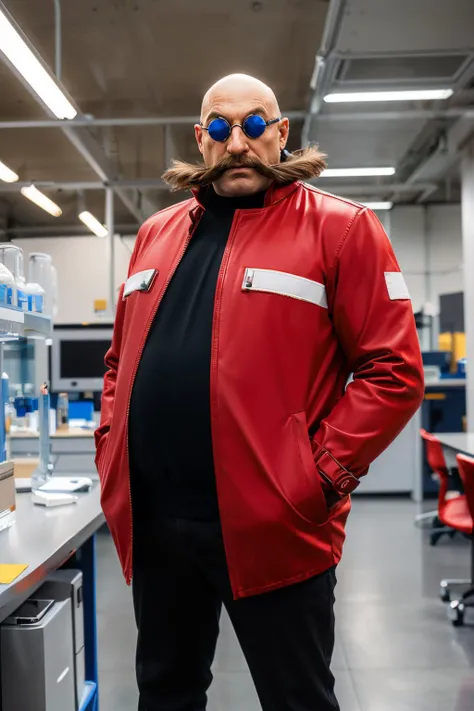 Eggman, bald, brown moustache, blue tinted eyewear, pointy nose, red coat, black pants, looking at viewer, serious, standing, inside laboratory, computer, table, high quality, masterpiece, <lora:Eggman:.8>