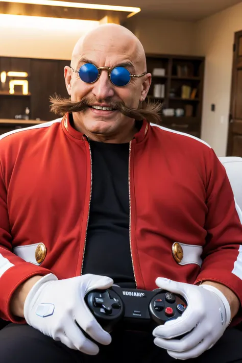 Eggman, bald, (brown mustache), blue tinted eyewear, pointy nose, red coat, black pants, white gloves, looking at viewer, serious, smiling, sitting, on large sofa, holding game controller, inside fancy living room, bright lighting, high quality, masterpiece,  <lora:Eggman:.8>