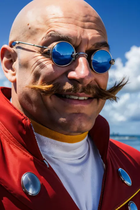 Eggman, bald, (brown mustache), blue tinted eyewear, pointy nose, red coat, looking at viewer, smiling, close up, outside, factory, ocean, cloudy, high quality, masterpiece,  <lora:Eggman:.8>