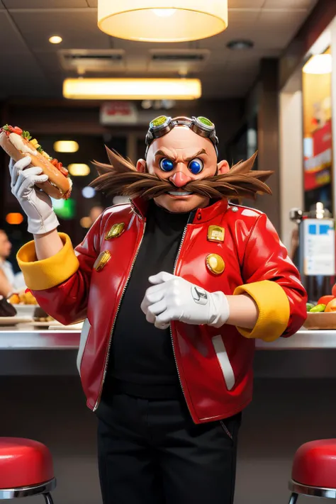 Eggman, bald, brown mustache, blue tinted eyewear, pointy nose, red coat, black shirt, black pants, white gloves, looking at viewer, serious, smiling, inside diner, holding food, hot dog, high quality, masterpiece, <lora:Eggman:.8>