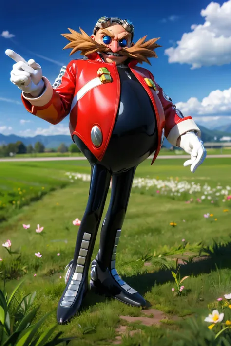 Eggman, bald, brown moustache, blue tinted eyewear, pointy nose, red coat, black pants, white gloves, black boots, looking at viewer, smiling, standing, full body shot, outside, field, grass, blue sky, mountains, high quality, masterpiece, <lora:Eggman:.8>