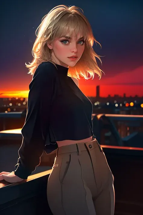 DEN_danielle_sharp,
(cityscape:1.2) scene posing on the (rooftops:1.2) at (sunset:1.2) wearing clothes, wearing trousers and a top, (plain top:1.2), (top:1.2), (trousers:1.2), (cityscape:1.2), (night time sunset sky:1.3), (dark:1.1), (evening:1.2), vibrant sky colours,
bokeh, f1.4, 40mm, photorealistic, raw, 8k, textured skin, skin pores, intricate details <lora:epi_noiseoffset2:1>, epiCRealism <lora:ClothingAdjuster3:-1.3>