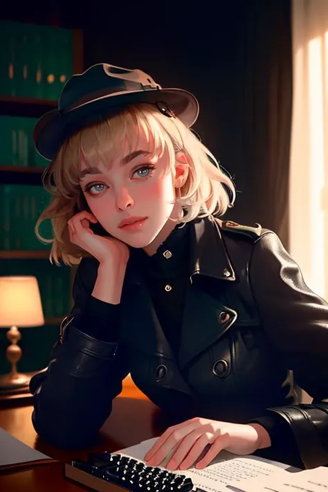 DEN_danielle_sharp,
a 1940s private investigator wearing a trench coat and rimmed hat sitting in a drab dank office at the desk using a typewriter, private investigator, 1940s,
bokeh, f1.4, 40mm, photorealistic, raw, 8k, textured skin, skin pores, intricate details  <lora:epi_noiseoffset2:1>, epiCRealism <lora:ClothingAdjuster3:-1.3>
