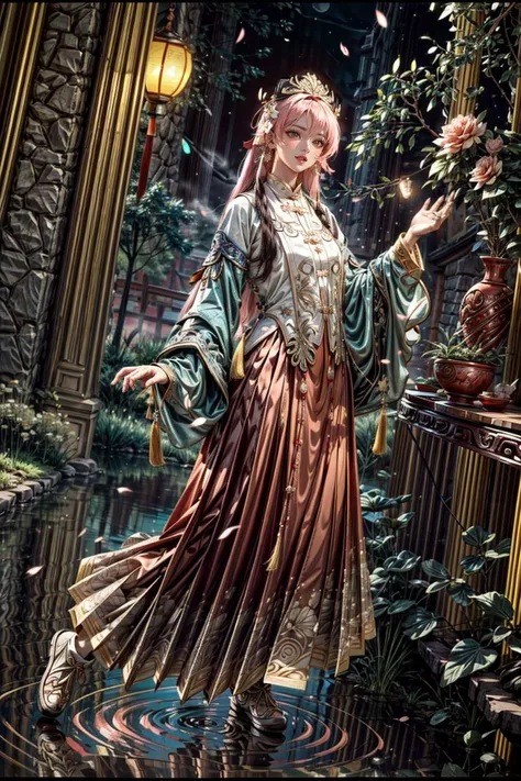 <(best quality, extremery best quality, masterpiece:1.4), (realistic, intricate details:1.4), (photorealistic:1.4), (extremely intricate:1.4), highres, ultra highres, ultra detailed, ultra-detailed, absurdres, incredibly absurdres, extremely detailed, high quality, high resolution, hyperrealistic, ultra-realistic, hyper-detailed, top quality, best, fine detail, massive detail, Highly detailed, extreme detailed, highest detailed, high-res, absolutely resolution, reflection, (refraction:1.4), (hyperrealism:1.4)>, BREAK, (1girl:1.3), solo, looking at viewer, (young cute beautiful 18-year-old girl:1.4), 3d face, (hand of Guido Daniele:1.4), beautiful girl, Beautiful face, pretty, girlface, kpop idol, supermodel, stunning innocent symmetry face, perfect body, medium breast, slim waist, slim legs, (high detailed skin:1.5), glowing eyes, goddess, natural skin texture, shiny skin, White skin, Beautiful detailed face, detailed face, real skin texture, cute delicate face, finely detailed face, golden ratio, golden ratio face, expressive eyes, perfect face, perfect skin, flawless face, clear face, shiny hair, pale skin, Proper body proportion, perfect anatomy, realistic skin texture, luscious lips, glossy lips, natural makeup, beautiful bright pupils, slender figure, intricate eyes, detailed pupils, detailed face and eyes, longeyelashes, blush, good hand, perfect hands, pretty face, beautiful female bodies, finely detailed skin, oily shiny skin, clean facial features, an extremely delicate and beautiful, cute & girly, beautiful detailed eyes, stars in the eyes, detailed simmetric eyes, perfect smooth skin texture, BREAK, (((((standing, (white/blue/red/black/green/pink/yellow chinese shirt),(white/blue/red/black/green/pink/yellow chinese long skirt), (dancing, smile, Pink hair, Pink eye, long hair, Pink eyelashes, Pink lips, Pink lip colour, Eyes glowing Pink, flat bangs, happy expression), (lotus, hair ornament, water, dancing with butterfly, chinese traditional architecture, in the garden, floral background, brilliant colors, long_hair, nail_polish, jewelry, ancient art, chinese style), (night, Night time, moon light, sky, landscape, aurora borealis, stars, outdoors, Chinese, Pink fireworks, Sakura tree background:1.4), (lake background, mountains, full moon background, night lake shore, river, forest, chinese style countryard, lanterns, pond, cobblestone pathway, building pavilion, chinese buildings, moutains, misty lake, ancient chinese background, puddle, after the rain, petals falling, wet grass and trees, flower sea, in a meadow, waterfall, breeze, flying splashes, flying petals, leaves, bloom, bloom effect, surrounded by heavy floating petal flow, petal, Pink butterfly, flower, detailed beautiful grassland with petal, flowers, plants, Pink rose, many Pink roses, leaves falling from the tree, dust is drifting, ethereal, scenery, nature, mysterious background:1.4), (iridescent colors, Iridescence, blush, mysterious, fantasy background, fantasy, open mouth:1.2), (fog, wind:1.2), (Luminescent Particles:1.3), (fullbody:1.2), (eye focus, face focus, character focus, close-up face:1.2), (dutch angle, cowboy shot:1.3), colorful refraction)))), BREAK, <watercolor, available light, detailed light, volumetric fog, beautiful lighting, Rembrandt lighting, Cinematic, pixel art, game art, key visual, surreal, PBR Texturing, Anisotropic Filtering, Maximum Clarity And Sharpness, Albedo And Specular Maps, Multi-Layered Textures, Surface Shading, Sub-Pixel Convolution, Sub-Pixel Convolution, Accurate Simulation Of Light-Material Interaction, blurry foreground, broad light, volumetric light effect, matte painting, perfectly defined features, volumetric lighting, Tone Mapping, Lumen Reflections, Global illumination, Ray Tracing, Screen Space Global Illumination, Accent Lighting, 32k, Natural Lighting, volumetric, cinematic masterpiece, Rule of thirds, high dynamic range, Multi-exposure HDR capture, cinematic render, game cg cinematic, atmospheric perspective, scene, epic dynamic frame, motion blur, ((cinematic look, Film look)), rim light, 4k textures, adobe lightroom, photolab, insane details, hyperdetailed, exposure blend, professional color grading, professional color correction, aerial perspective, particles and dust in beams of light, cinematic scene, dynamic lighting, sharp details, lomography, soft focus, light leaks, bold hues, atmospheric depth, (explosive light and shadow:1.2), aesthetics, intricate designs, ultra realistic digital art, (zentangle, mandala, tangle, entangle), (fractal art), elegant, vivid colours, floating particles, particles, dramatic, epic, (ink drawing, oil painting detailed), (dramatic lighting:1.2), RAW, huge filesize, extremery detailed CG, Photo, 8k uhd, cinematic atmosphere, trending on artstation, award-winning glamour photograph, highly detailed photo, official art, beautiful and aesthetic, unity 8k wallpaper, beautiful, highly detailed CG illustration, best illustration, intricate, Amazing, emotional, analog, painting, digital painting, concept art, Oil Painting, illustration, Classical art, Renaissance, Romanticism, Neoclassicism, Color Palette, depth and contrast, Vibrant colors, saturated, rich saturation, color harmony, vivid palette, concept-art, design style, detail character, concept render, colorful, analog photography, dreamy atmosphere, specular highlights, atmospheric lighting, (dynamic angle, dynamic pose :1.3), (shiny, clothes reflecting light, lens flare, bloom effect, light particle, lens glare:1.3), realistic lighting, cinematic light, (cinematic lighting), light in the face, soft lighting, saturated colors, detailed background, sharp focus, 8k high definition, perspective, Master Composition, roughness, post-processing, soft shadows, realistic shadows, ambient occlusion, ray-tracing, subsurface scattering, photon mapping, physically-based rendering, octane rendering, unreal engine 5, ue5 rendering, Adobe After FX, dslr, RTX, Best character details, radiosity, sharp, antialiased, RAW photo, HDR, 8k, 4k, (((Photographed by Roger Deakins, using a RED Monstro 8K VV camera and a series of high-end lenses))), ((Hasselblad photography)), (film grain:1.4), Kodak portra 400, ((Fujifilm X-T5)), professional photograph, depth of field, caustics, Broad lighting, diffuse lighting, rim lighting, two tone lighting, textile details, visible pores, high resolution scan, professionally color graded, photographic reality, automatic white balance, best lighting, detailed shadow, high contrast, strong light and shadow>, (PureErosFace_V1:0.5), (ulzzang-6500:1), <lora:epiNoiseoffset_v3:2>, <lora:add_detail:2>, <lora:hipoly_3dcg_v7-epoch-000012:0.6>, <lora:zhongfenghuaxiyou-000018:0.2>, zhongfenghua, <lora:hanfu_ming:0.8>, (kbxll:0.6)