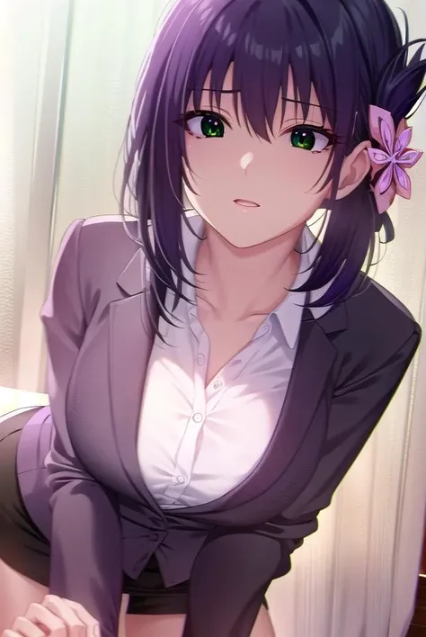 sugumitorino, <lora:sugumitorino-lora-nochekaiser:1>,
sugumi torino, hair ornament, (green eyes:1.5), purple hair, hair flower, folded ponytail,
BREAK skirt, shirt, underwear, miniskirt, bra, pencil skirt, purple bra, white shirt, long sleeves, collared shirt,
BREAK looking at viewer, full body,
BREAK indoors, classroom,
BREAK <lyco:GoodHands-beta2:1>, (masterpiece:1.2), best quality, high resolution, unity 8k wallpaper, (illustration:0.8), (beautiful detailed eyes:1.6), extremely detailed face, perfect lighting, extremely detailed CG, (perfect hands, perfect anatomy),