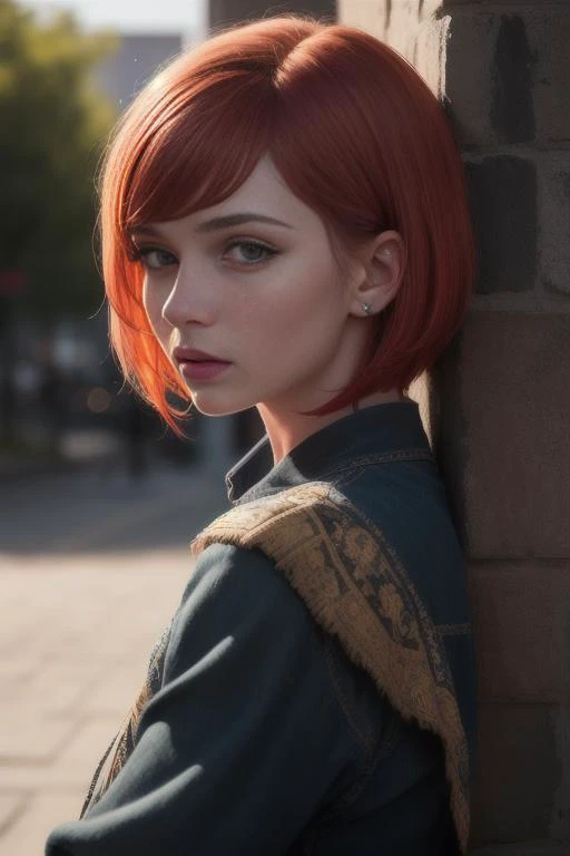 pastoral portrait, vivid red bobcut hair, photorealistc, photography, (high resolution), (photorealistic:1.4), (extremely intricate), (exquisitely detailed), highly detailed, highres, original, extremely detailed 8K wallpaper, best quality, detailed face, ultra-detailed, raw photo, realistic,