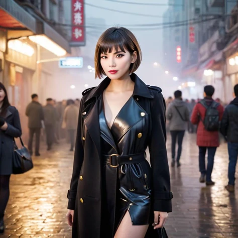(A stunning woman with short hair:1.1),in a guangzhou city,bangs,(full body photo:1.3),(reaching:1.3),(haze, fog, mist:1.1),<lora:DDR_Fashion:0.3>,AnalogRedmAF,<lora:AnalogRedmondV2-Analog-AnalogRedmAF:0.1>,flirty,extremely detailed,light on face,cinematic lighting,<lora:add-detail-xl:0.5>,modern,eye-catching,using a Canon EF 50mm f/1.4 lens to achieve a shallow depth of field and a blurred background that accentuates the woman's figure. Leverage the sharpness and contrast characteristic of Canon lenses to capture extraordinary details. Take a portrait shot to highlight the beauty of the protagonist,looking towards the camera,(super high quality) (( 4k resolution)),utilizing the golden light of the sunset,black trench coat,<lora:crowd_of_people:0.5>,crowd_of_people,<lora:RMSDXL_Enhance:3>,black eyeshadow,bags under eyes,pointy_footwear,stiletto_heels,the ground of waste swelling,(uneven_legwear:1.1),masterpiece,