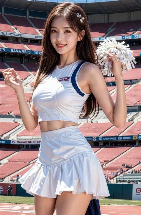 8k,best quality, highly detailed, masterpiece, ultra-detailed, realistic, photo, real, extremely detailed, 1girl, solo, full body,beautiful detailed eyes, an extremely delicate and beautiful,cheerleaders,long hair, hair accessories,looking at viewer, smile,light brown hair, brown hair, bangs,(stadium:1.2),