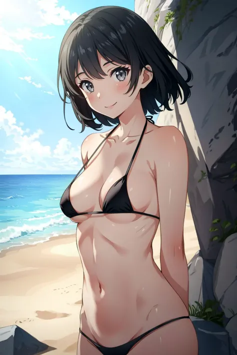 (best quality), nsfw, nude,
light smile, wind, bikini, beach, glowing eyes, grey eyes,