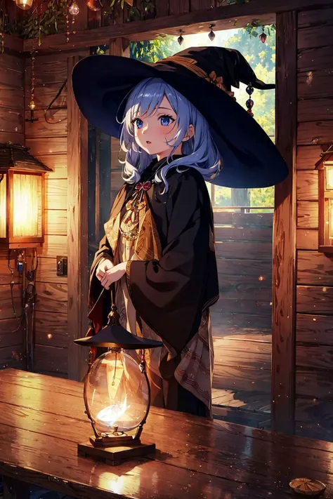 ((masterpiece)), (best quality),
official art, extremely detailed CG unity 8k wallpaper, highly detailed, shiny skin, Depth of field, vivid color,
1girl, (curvy:0.4), (full body:0.6),
(witch:1.1), indoors, wooden hut, (magical:1.1)