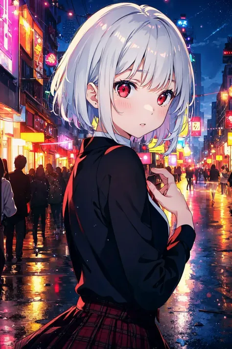 ((masterpiece)), (best quality),
official art, extremely detailed CG unity 8k wallpaper, highly detailed, shiny skin, Depth of field, vivid color,
1girl, (curvy:0.4), (full body:0.6),
short hair, bangs, red eyes, skirt, looking at viewer, night, street, neon, looking back, star \(sky\), crowd, upper body,
