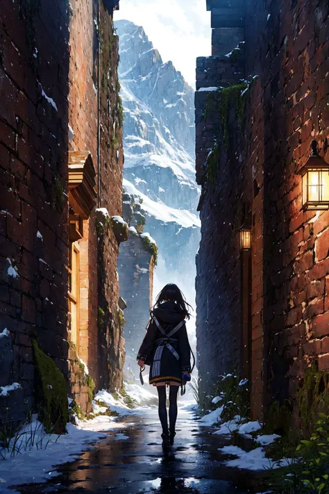 ((masterpiece)), (best quality),
official art, extremely detailed CG unity 8k wallpaper, highly detailed, shiny skin, Depth of field, vivid color,
1girl, (skinny:1.3), narrow waist,
snowy landscape, with snow-capped mountains, panorama, Illustrate the ruins of an ancient castle, with crumbling walls, mysterious passageways, and a sense of history and intrigue, water, moss