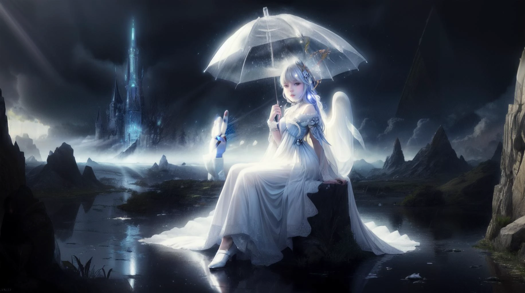 (masterpiece, best quality, fullscreen), [(full body:1.3)::0.5] portrait (photo of a small [ghost:ghost:0.2]:1.4), aether energy, <lora:EYES Fire:0.1> (white fire eyes:1.1), (ethereal Dazzling ghostly Skin texture:1.4), (humanoid body with Rabbit head:1), Butterfly Wings,  (transparent body:1.2), <lora:CLOTHES EFFECT ValkGown:0.4> (walkure, wearing [armor,dress]_ballgown:1.1),  (DonMMy5t1c4l:1.1), <lora:MONSTER FallenAngels:0.4> (FallenAngels:1.1), (solid light white ink clouds Whipping around:1.3), ,<lora:BACKGROUND Sovereign_Sky_Archipelago.safetensors:0.3>, (pure white global tone:1.5), <lora:BACKGROUND duobackground.safetensors:0.3> (fantasy:1.3), (Rainy lighting:1.4), , (sitting posture:1.3), (facing the viewer:1.4), (looking at the viewer:1.4), , <lora:EFFECT glowingveins-nvwls-v1:0.3> (glowingveins:1.3), (Full body Shot, Shallow Focus Shot, Low Angle Shot:[1.2:0.5:0.1]), <lora:LIGHT NOISEOFFSET_V2_BY_STABLE_YOGI:0.4> rim lighting, <lora:QUALITY add_detail:0.4>, <lora:QUALITY PotatEnhancer_V1_6:0.4>, <lora:QUALITY BG2_dpep4+silicon29dim64:0.1>, heavily detailed, gloomy, , (sharp focus), , <lora:BUILDING German_architecture_last:0.6>, (no humans), (embedding:VIEW_Style-GHL), ricate, elegant, artstation, 35mm grain filter,painting, muted colors,AMBIIBLE GAS MASK WITH FLOWERS, sparkly lighting, detailed, moorland,photo-realistic2.8G5.0, Alter, trending on ArtStation2.0,-H 10241.0,Soft diffuse autumn lights-1.0