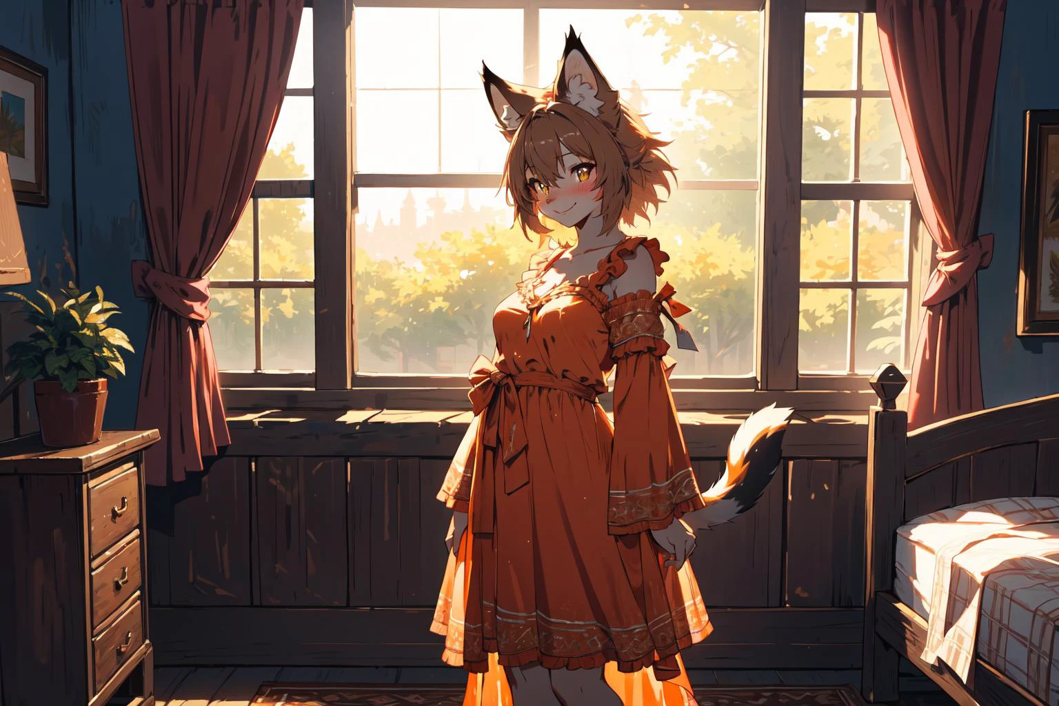 (anthro lynx), (ultra detailed rusty fur:1.2),
seductive smile, hanging breasts,
(cute orange nightgown:1.2),
bedroom, standing on bed, relaxed pose, (blushing:1.2)
morning, windows, english countryside, spring,
(masterpiece:1.2), (best quality:1.2), (intricate:1.2), (highly detailed:1.2), (sharp:1.2), (8k:1.2), (highres:1.2),
cinematic lighting, vivid colors,
<lora:Yiffy_Model_2:0.4>
<lora:Sagging Breasts v1:0.7>
<lora:medieval_last:2.5>