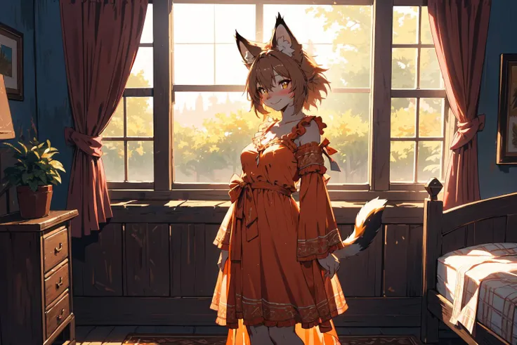 (anthro lynx), (ultra detailed rusty fur:1.2),
seductive smile, hanging breasts,
(cute orange nightgown:1.2),
 bedroom, standing on bed, relaxed pose, (blushing:1.2)
morning, windows, english countryside, spring,
(masterpiece:1.2), (best quality:1.2), (intricate:1.2), (highly detailed:1.2), (sharp:1.2), (8k:1.2), (highres:1.2),
cinematic lighting, vivid colors,
<lora:Yiffy_Model_2:0.4>
<lora:Sagging Breasts v1:0.7> 
<lora:medieval_last:2.5>