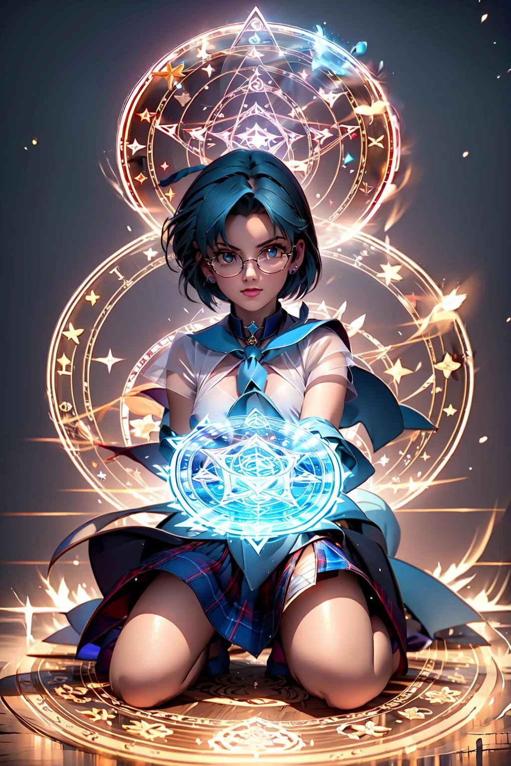 <lora:mercury_v2:1> mer1, tiara, blue sailor collar, bow, knee boots, choker, white gloves, blue choker, elbow gloves, jewelry, earrings, blue hair,
s3xysch00l, glasses, white thighhighs, plaid skirt, white bra, see-through, plaid necktie,
sagging breasts,
fighting stance, spell casting, water magic,
(masterpiece:1.2), (best quality:1.2), (intricate:1.2), (highly detailed:1.2), (sharp:1.2), (8k:1.2), (highres:1.2),
cinematic lighting, vivid colors,
<lora:Sagging Breasts v1:1>
<lora:s3xysch00l:0.7> <lora:magic circle:1> water magic circle <lora:German_architecture_last:1> Half-timbered Construction