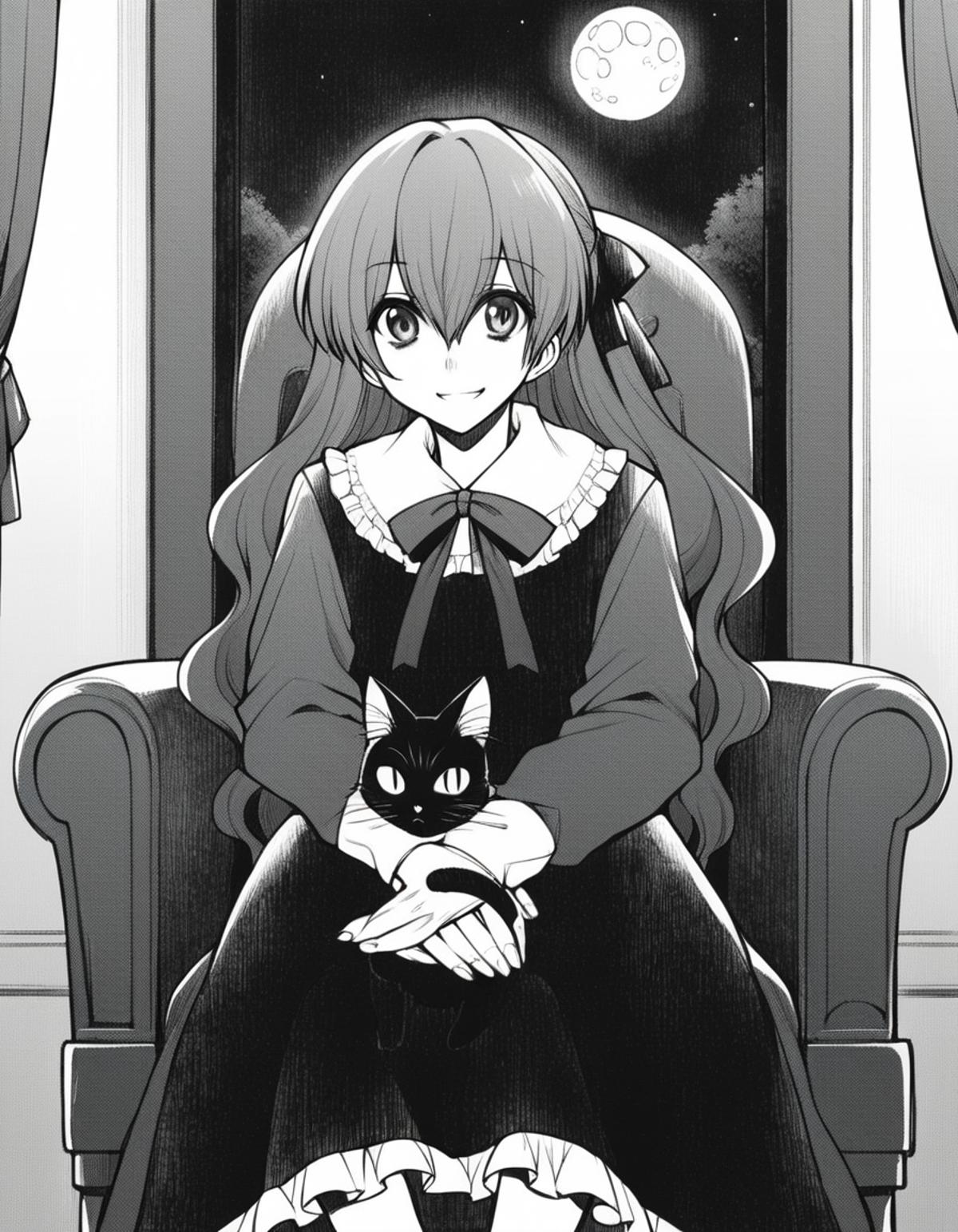 Anime girl sitting in chair with cat in front of window - SeaArt AI