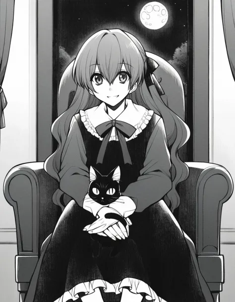 score_9, score_8_up, score_7_up, source_anime,
witchellen, <lora:witch-house-ellen-manga-ponyxl-lora-nochekaiser:1>,
ellen, long hair, ribbon, hair ribbon, monochrome, greyscale,
dress, long sleeves, frills, frilled dress,
indoors, sitting, chair, throne, smile, cat, black cat, night, moon,
solo, looking at viewer, cowboy shot, straight-on,