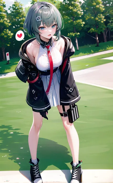 original outfit, 1girl, solo, spoken heart, jacket, necktie, black gloves, breasts, skirt, shirt, sleeveless, hand on hip, leaning forward, :i, outdoors, hand on own knee, <lora:noel:1>