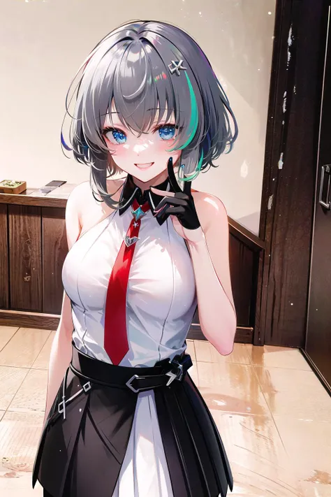 original outfit, 1girl, solo, gloves, heart, spoken heart, necktie, black gloves, breasts, skirt, shirt, v, smile, sleeveless, indoors, embarrassed, <lora:noel:1>