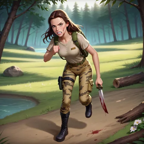 bootsnutes, shirt tucked in, green shirt, t-shirt, camouflage pants, black belt, belt buckle, outdoors, 1girl, trail, mountain, running, gigantic breasts, bouncing breasts, unaligned breasts, motion lines, motion blur, perfectly round breasts, breast implants, unaligned breasts, perfect face, rock,