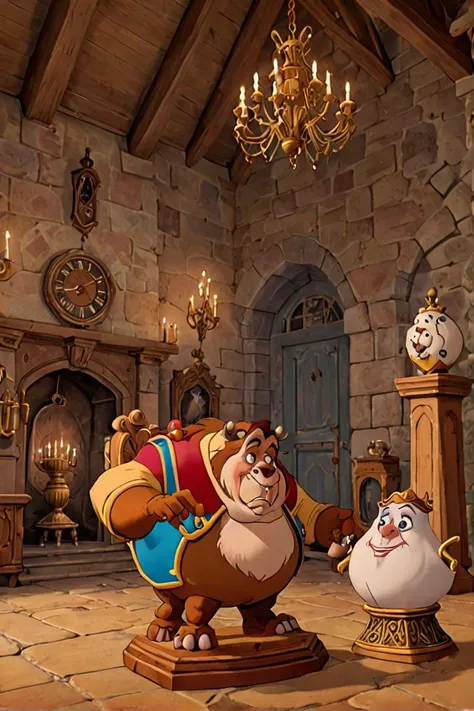 <lora:Belle_Beauty_and_the_Beast_Broader_edit:0.8> Belle, TheBeast, Gaston, MrsPotts, Cogsworth, Chip, LeFou, Animated objects, Castle interiors, Original style
