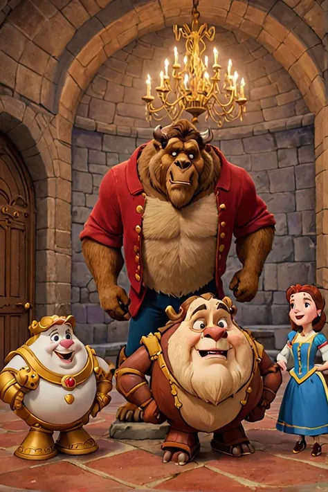 <lora:Belle_Beauty_and_the_Beast_Broader_edit:0.8> Belle, TheBeast, Gaston, MrsPotts, Cogsworth, Chip, LeFou, Animated objects, Castle interiors, Original style