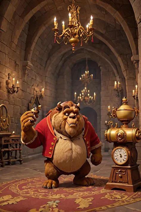 <lora:Belle_Beauty_and_the_Beast_Broader_edit:0.8> Belle, TheBeast, Gaston, MrsPotts, Cogsworth, Chip, LeFou, Animated objects, Castle interiors, Original style