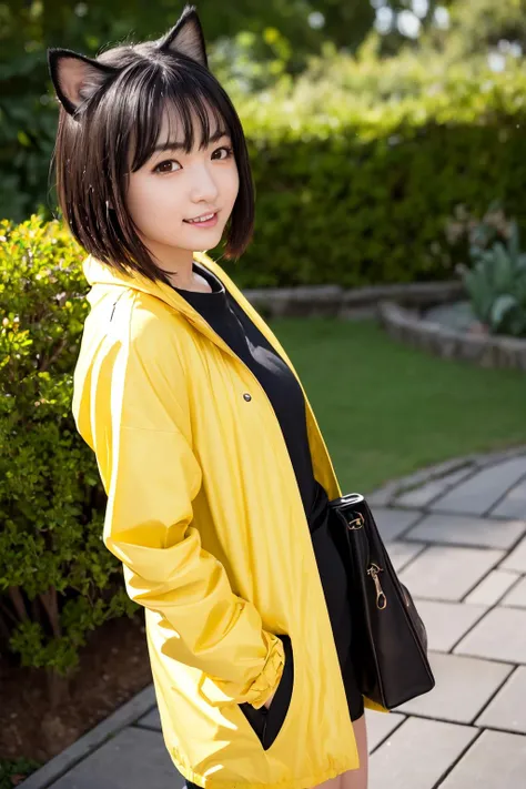 <lora:suzu_v1:0.6>, suzu 18 years old , pale skin, slim, cute face, brown eyes, ((yellow rain coat)), short Bob brown hair, cat ears,  
(detailed eyes features:1.2), (detailed face features:1.2), full body, portrait shooting, smile, look at camera, medium breasts, 
morning, at orange garden,
extreme realistic, depth of field, natural lighting, 8k, post-processing, ultra high res, (photorealistic:1.6), (masterpiece:1.3), (RAW photo:1.2), Fujifilm XT3, DSLR,  <lora:Arknights-Texas the Omertosa:0.2>
