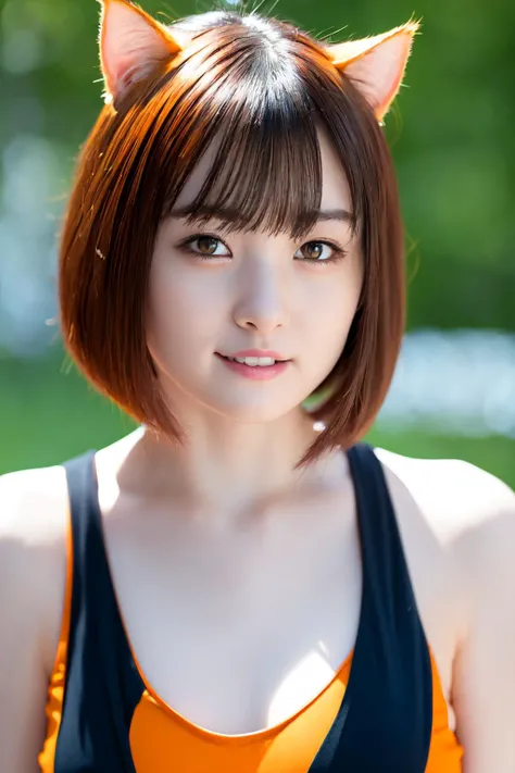 <lora:suzu_v1:0.9>, suzu 18 years old , pale skin, slim, cute face, brown eyes, ((orange top tanks)), short Bob brown hair, cat ears,
(detailed eyes features:1.2), (detailed face features:1.2), full body, portrait shooting, smile, look at camera, medium breasts,
morning, in lobby hotel,
extreme realistic, depth of field, natural lighting, 8k, post-processing, ultra high res, (photorealistic:1.6), (masterpiece:1.3), (RAW photo:1.2), Fujifilm XT3, DSLR, <lora:Arknights-Texas the Omertosa:0.2>