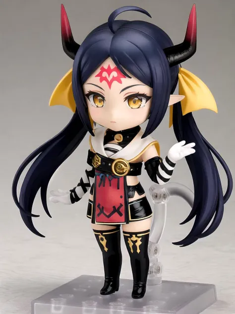 masterpiece, best quality, 1girl, solo, dsaravi, black hair, yellow eyes, pointy ears, very long hair, twintails, ahoge, horns, forehead mark, hair ribbon, red tabard, chest belt, elbow gloves, thighhigh boots, black shorts, standing, full body, chibi, nendoroid, pvc
<lyco:dsaravi_lc_768:1> <lyco:PVC_lc:1>