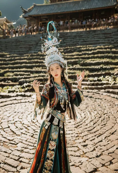 Beutiful women,Crazy complex Mayan shaman costumes,Queen of the Aztec tribes with yellow and blue tribal markings and patterns,Central America,mexico,beautiful gown,onthe mountain,