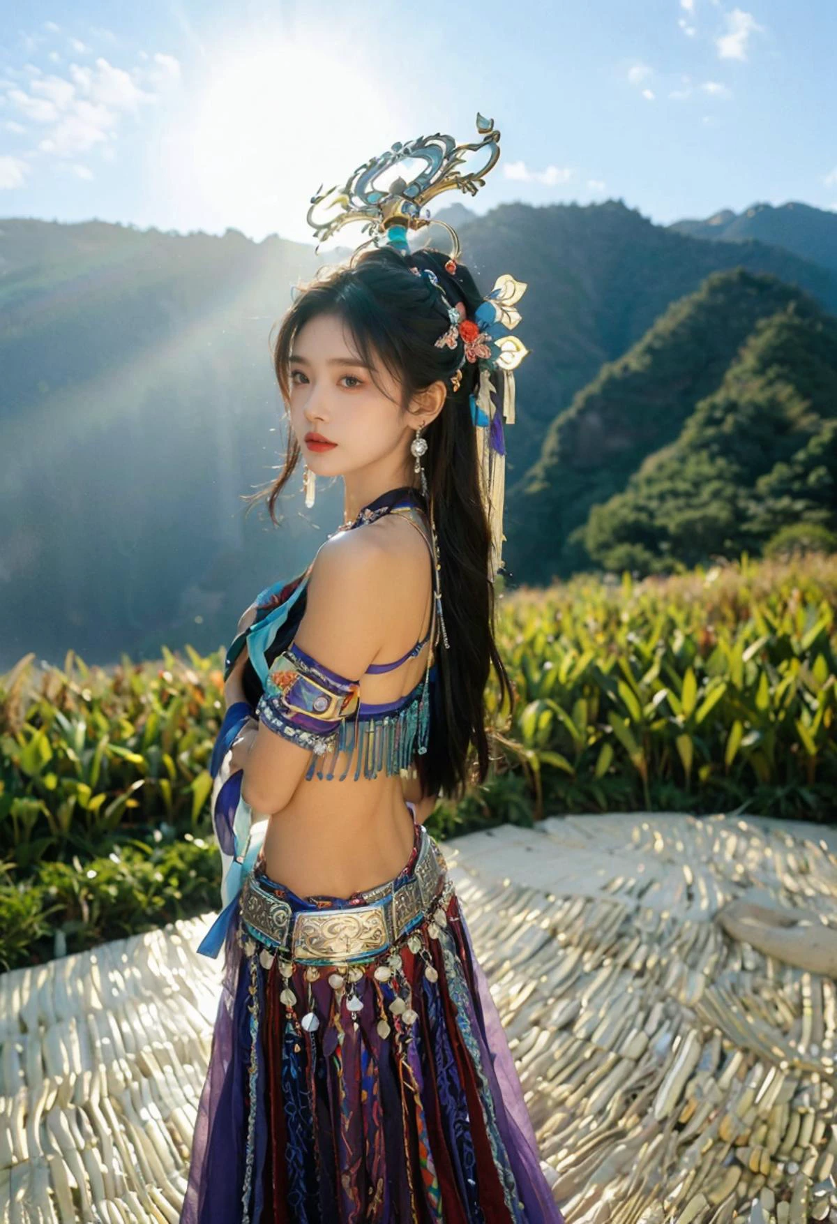 miaoyuansu,miao5
Vibrant Rim Light, cinematic photo Hanfu photography, cinematic angle, fisheye, dynamic perspective, intricate details, wide angle, cinematic lighting, motion blur,
1girl, black hair, long hair, hat, hair ornament, earrings, hair ribbon, headgear, bracelet, long sleeves, dress, traditional clothes, makeup, jewelry, bracelet, skirt, long hair blown by the wind, full body,<lora:miaoyuansuSDXL-000009:0.7>
Miao girl dancing gracefully in the enchanting light of the setting sun, adorned in a traditional Miao outfit with meticulous silver headdress featuring intricate handcrafted patterns, vibrant and elaborately embroidered clothing, an array of ornate jewelry adorned with silver coins
dusk,
35mm photograph, film, bokeh, professional, 4k, highly detailed, light depth, dramatic atmospheric lighting, Volumetric Lighting