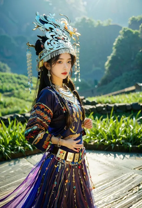 miaoyuansu,miao5
Vibrant Rim Light, cinematic photo Hanfu photography, cinematic angle, fisheye, dynamic perspective, intricate details, wide angle, cinematic lighting, motion blur,
1girl, black hair, long hair, hat, hair ornament, earrings, hair ribbon, headgear,  bracelet, long sleeves, dress, traditional clothes, makeup, jewelry, bracelet, skirt, long hair blown by the wind, full body,<lora:miaoyuansuSDXL-000009:0.7>
Miao girl dancing gracefully in the enchanting light of the setting sun, adorned in a traditional Miao outfit with meticulous silver headdress featuring intricate handcrafted patterns, vibrant and elaborately embroidered clothing, an array of ornate jewelry adorned with silver coins
dusk,
35mm photograph, film, bokeh, professional, 4k, highly detailed, light depth, dramatic atmospheric lighting, Volumetric Lighting